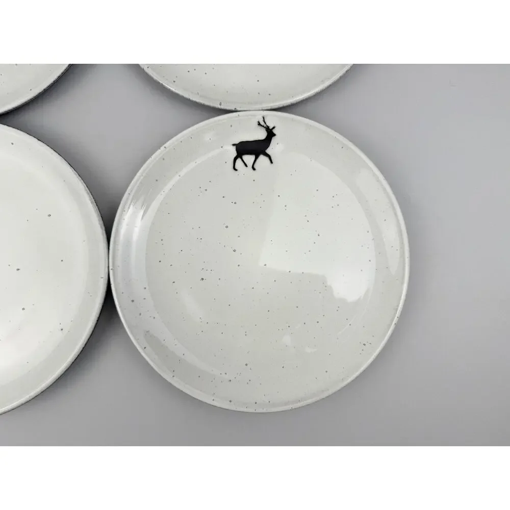 Pottery Barn Rustic Forest STAG Salad Plates SET OF 4 Reindeer Christmas Winter